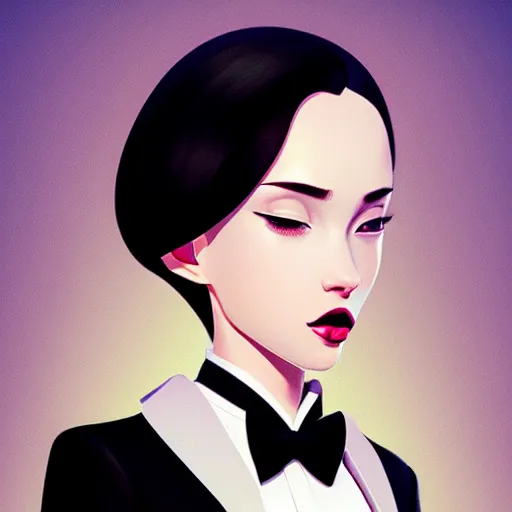 Prompt: young female in black tuxedo, scornful, disdainful, muted colors, matte print, pastel colors, 2d, ultra highly detailed, smooth, sharp focus, digital art, digital painting, fan art, elegant, artstation, head is centered, by Ilya Kuvshinov