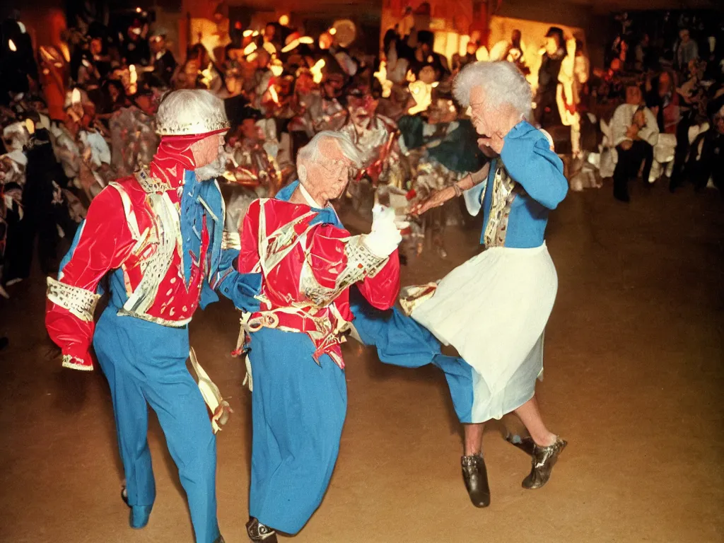 Prompt: a couple of grandparents of 1 0 0 years old wearing knight iron costume and dancing, kodachrome, backlight, add a glow around subj. edge, in twin peaks, 1 9 9 0 s