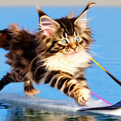 Image similar to Maine coon kitten is a Water skiing champion, action shot. Digital art