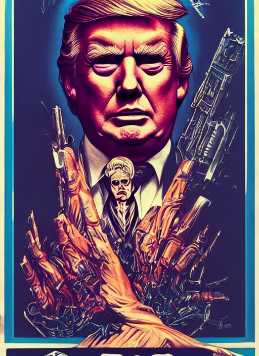 Prompt: donald trump as the villain, slasher film, grotesque, horror, high details, intricate details, by vincent di fate, artgerm julie bell beeple, 80s, inking, vintage 80s print, screen print