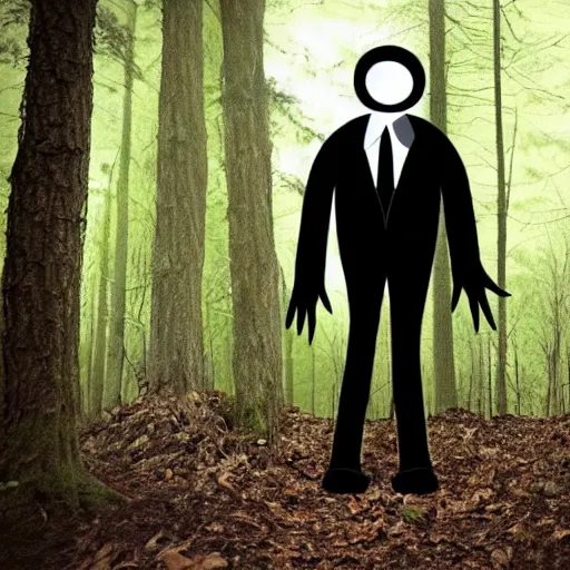 Image similar to overweight slenderman in the woods.