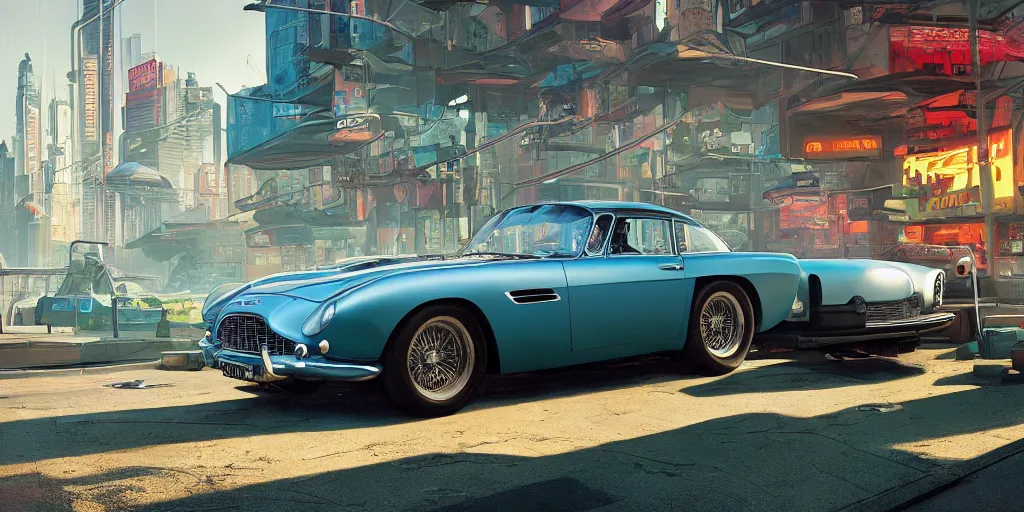 Image similar to art style by Ben Aronson and Edward Hopper and Syd Mead, wide shot view of the Cyberpunk 2077, on ground level. full view of the Aston Martin DB4 1958 with wide body kit modification and dark pearlescent holographic paint, has gullwing doors open.