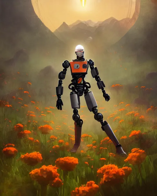 Image similar to friendly carrot cyborg, robocop, scifi farm, morning light, aura of carrots, weather station, flowers, cinematic, mountains, epic design, atmosphere, welcoming smile, high quality, perfect, 8 k high detail, masterpiece, trending on artstation, by akihiko yoshida