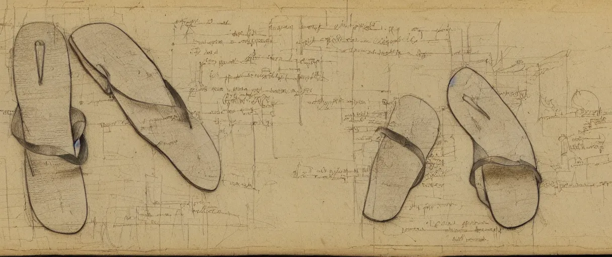 Image similar to detailed blueprint sketches of flip flops, labelled, high detail, realistic, professional, notes, diagram, by leonardo davinci, on yellow paper, worn, pencil, sketch