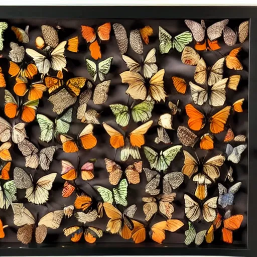 Prompt: collection of extremely rare butterflies in a shadow box, detailed, beautiful, 4K