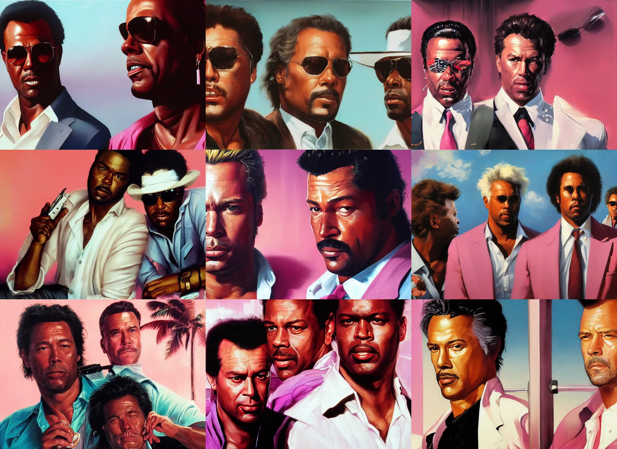 Prompt: a closeup portrait painting of crockett and tubbs in eighties miami vice, ultra realistic, highly detailed faces, true life, 8 k, masterpiece, cinematic, by frank frazetta, greg rutkowski, yoko taro, christian macnevin, beeple, wlop, krenz cushart, epic character art, volumetric lighting, pink white turquoise