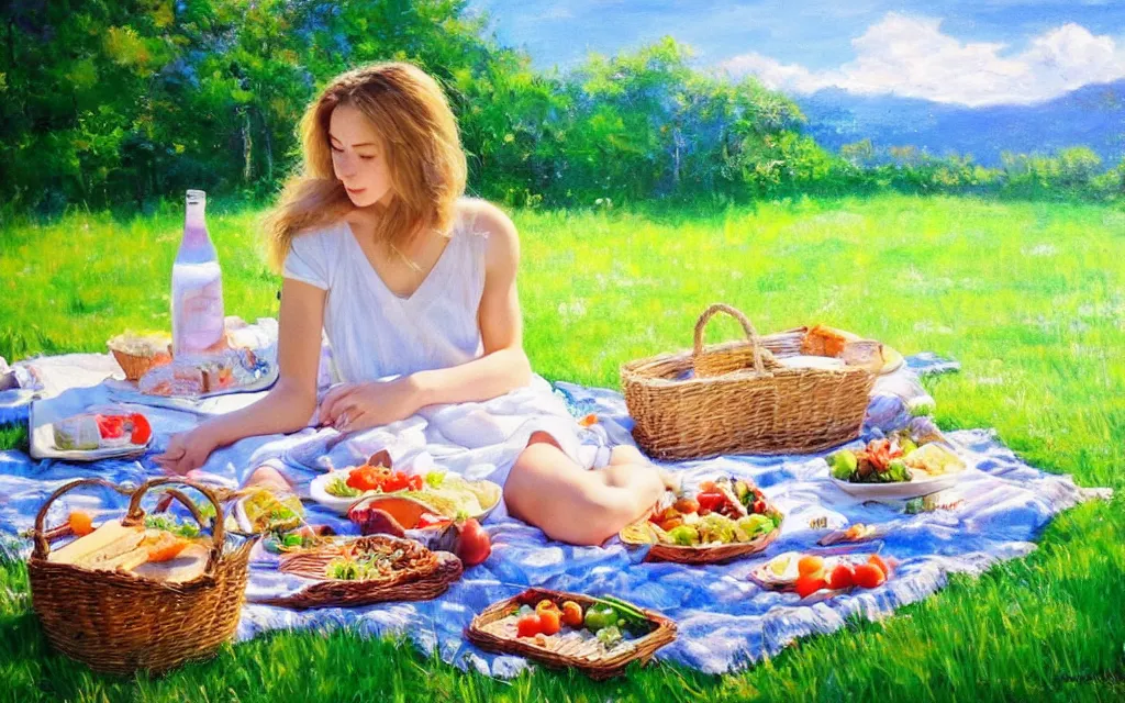 Image similar to the beautiful masterpiece that will change my life forever, natural light, a picnic lunch