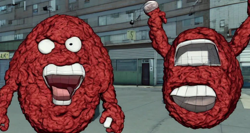 Image similar to Screenshot of a 3d version of a 3d Meatwad from Aqua Teen Hunger Force as a 3d NPC in the realistic 3d videogame 'Grand Theft Auto V' (2013). Sharpened. 1080p. High-res. Ultra graphical settings.