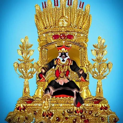 Prompt: a real duck king sitting on a gold throne decorated with many rubies and diamonds, duck king is wearing a gold crown and gold necklace, super realistic, 4k