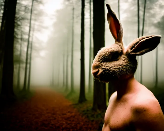 Prompt: a lomography photo of rumble between two human with rabbit head in foggy forest this morning, bokeh,