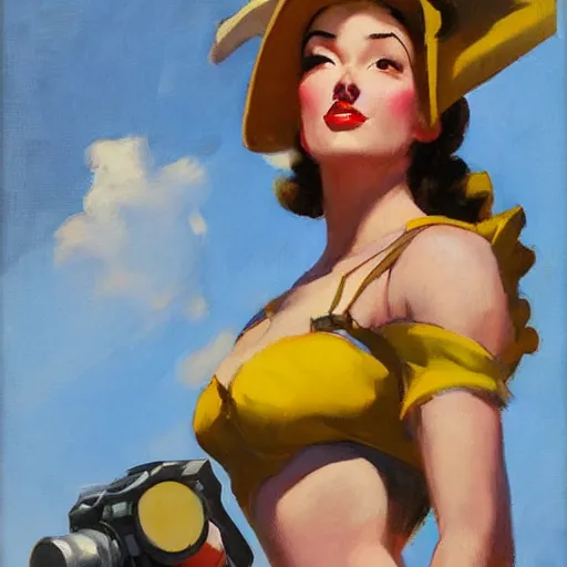 Image similar to greg manchess portrait painting of 1 9 4 0's pinup as overwatch's characters, medium shot, asymmetrical, profile picture, organic painting, sunny day, matte painting, bold shapes, hard edges, street art, trending on artstation, by huang guangjian and gil elvgren and sachin teng