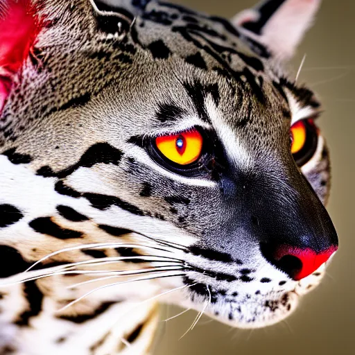 Prompt: profile shot of a black and red ocelot with black background, high contrast, abstract