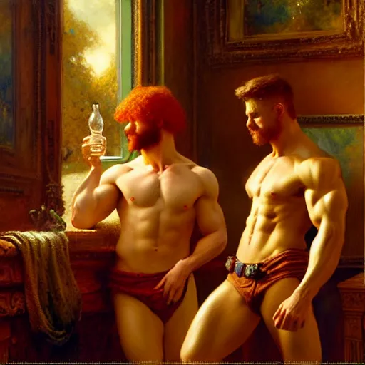 Image similar to attractive muscular mike with ginger hair with attractive tyler with brunet hair, drinking their hearts out, in their noble mansion. highly defined painting, highly detailed painting by gaston bussiere, craig mullins 8 k