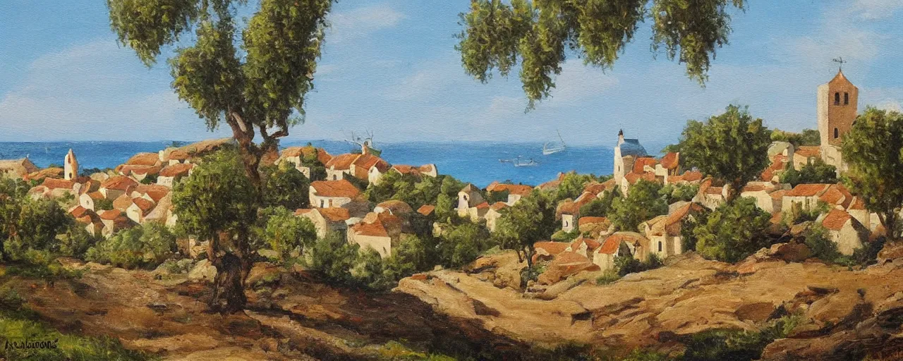 Prompt: painting_of_a_rural_French_medieval_village_by_the sea near olive trees by Aleksander_Rostov