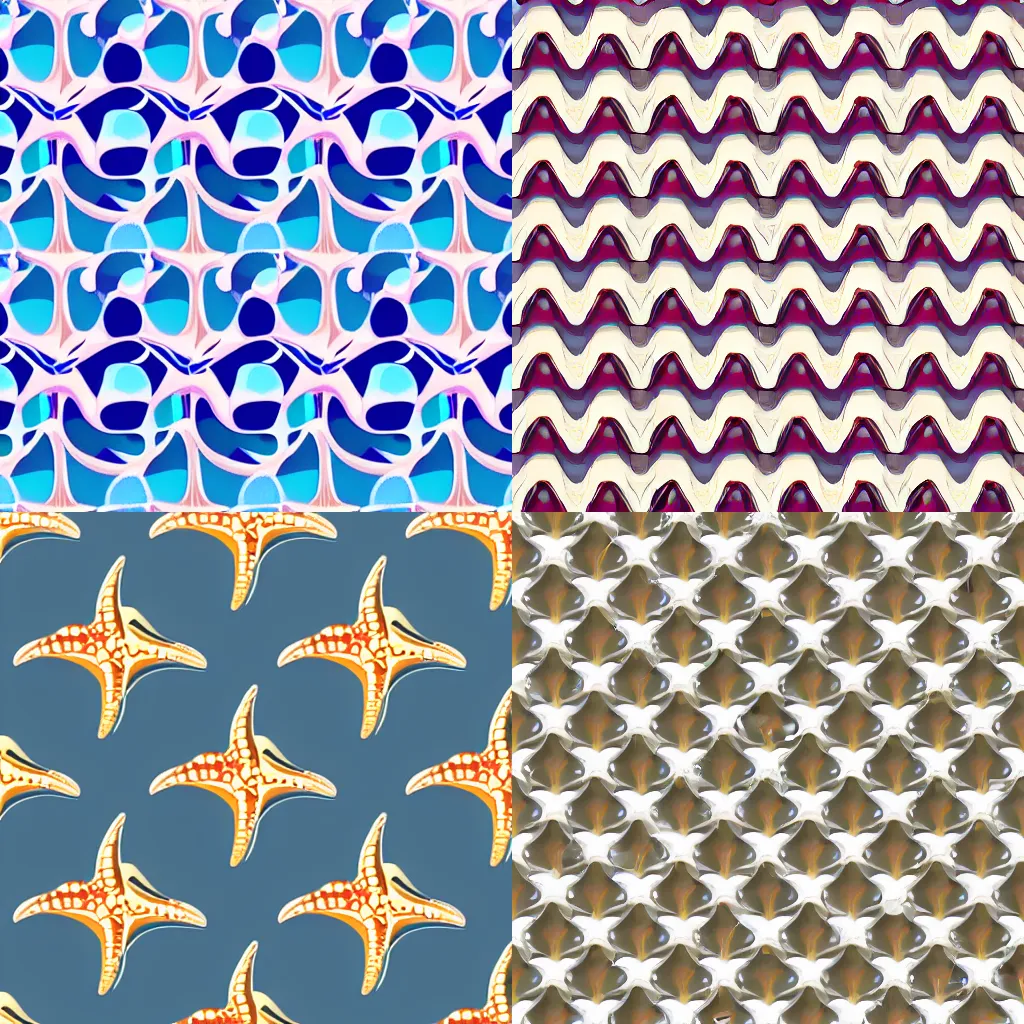 Prompt: shell, starfish, coral, gradient elements, geometry, plane pattern, flat pattern, continuous pattern, seamless splicing, clear outline, kyoto animation, hd, studio ghibli style, animated wallpaper