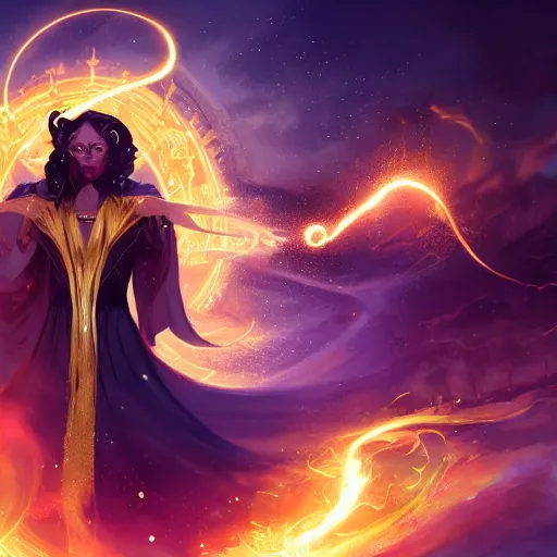 Prompt: mage, dynamic pose full body, left hand holding a fractal golden fireball spell , flowing robes, black and golden cloak, black skin gorgeous, Octane render, rule of thirds, golden ratio, Peter Mohrbacher