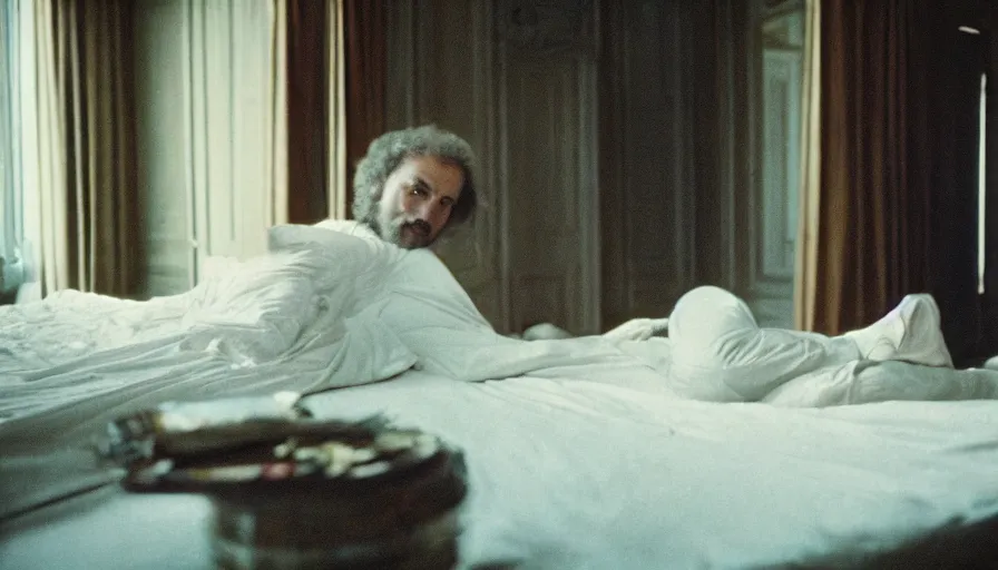 Prompt: 1 9 7 0 s movie still of the marc aurele hysteric on his bed in a antic palace, cinestill 8 0 0 t 3 5 mm, high quality, heavy grain, high detail, cinematic composition, dramatic light, anamorphic, ultra wide lens, hyperrealistic