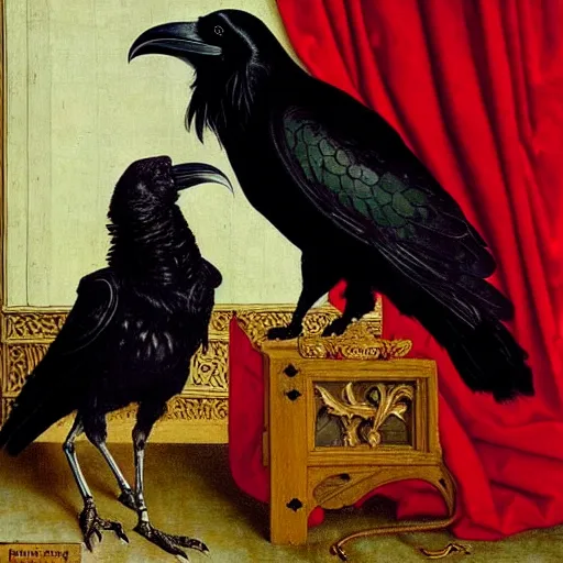 Image similar to a highly detailed painting of a raven, dressed in elegant tudor clothes, inside a room with thick red tapestries, by hans holbein