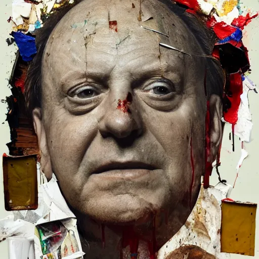 Prompt: hyperrealistic, photorealistic, mixed media oil painting of jack benny, magazine scraps, plaster, blood, oil, mustard, cigarettes, splatter, trending on artstation, award - winning painting, greg rutkowski, basquiat, ralph steadman, terry gilliam