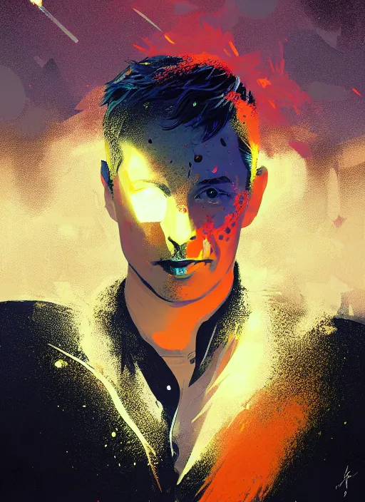 Image similar to Portrait of elon musk consumed by smoky water, stylized geometric explosion of splatter paint black gold sparkling, fantasy art by Greg Rutkowski, Loish, Rhads, Makoto Shinkai and Lois van baarle, ilya kuvshinov, rossdraws