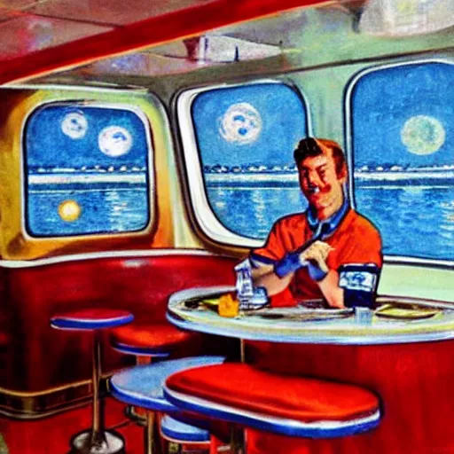 Prompt: astronaut sitting in a 1950s diner, in the style of Monet