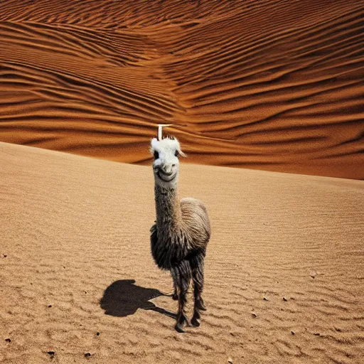 Image similar to a digital art picture of a child riding a llama with a bell on its tail through a desert