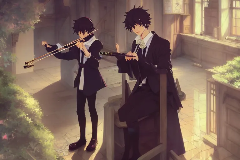 Image similar to anime key visual concept art of anime sherlock plays the violin, anime noble prince is drinking coffee, medieval european style noble manor interior, trending on artstation, brush strokes, oil on canvas, style of kawacy and makoto shinkai and greg rutkowski and studio ghibli