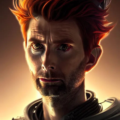 Image similar to portrait painting of a cyberpunk elf mercenary redhead david tennant, ultra realistic, concept art, intricate details, eerie, highly detailed, photorealistic, octane render, 8 k, unreal engine. art by artgerm and greg rutkowski and charlie bowater and magali villeneuve and alphonse mucha