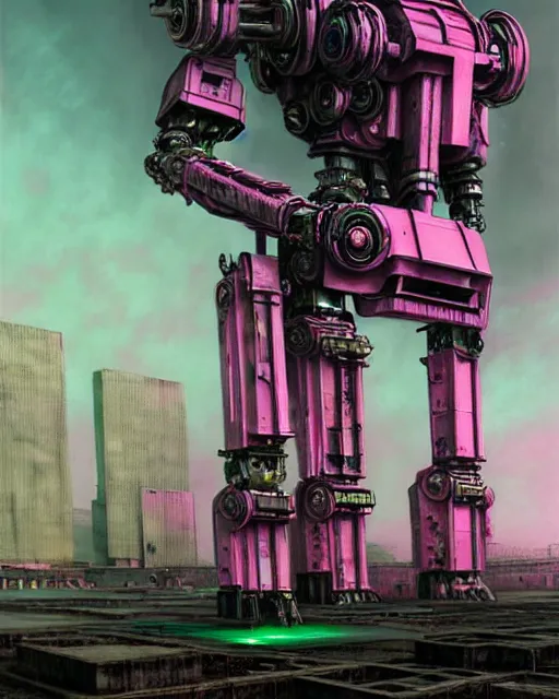 Prompt: hyperrealistic hyperdetailed punk mecha iridescent pink coming out of dystopian city ruins concept art santiago caruso de chirico sharp very dramatic green light 8k low angle shallow depth of field