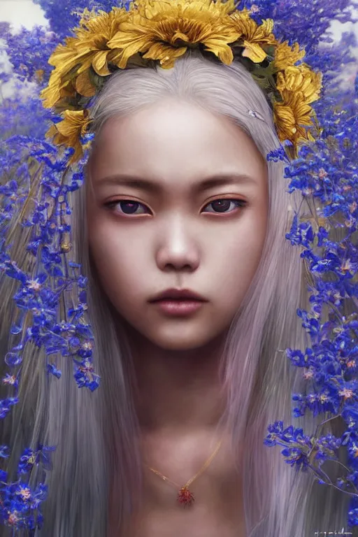 Image similar to a pale Ute Japanese girl with white hair, floral crown, sad blue eyes, cinematic lighting, ultra detailed, highly detailed, sharp focus, golden background with flowers, golden jewellery with blue sapphires, photographic, art by artgerm and greg rutkowski and zdislav beksinski