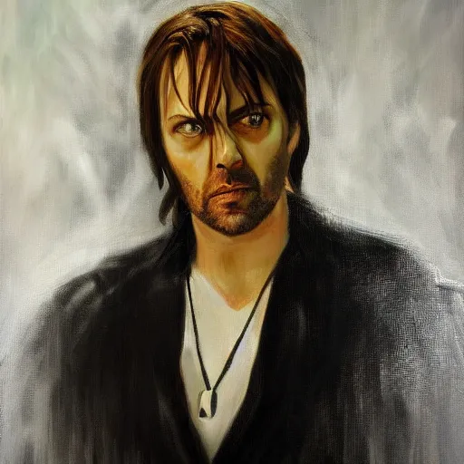 Prompt: Crowley from supernatural, noble portrait, professional painter, oil painting, superior look