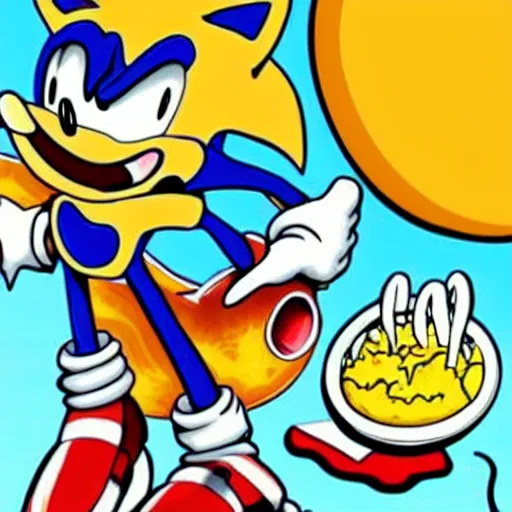 Image similar to Oops, Sonic the Hedgehog ate too much Mac and Cheese! He might explode! Run! Morbidly obese sonic eating way too much Mac N Cheese.