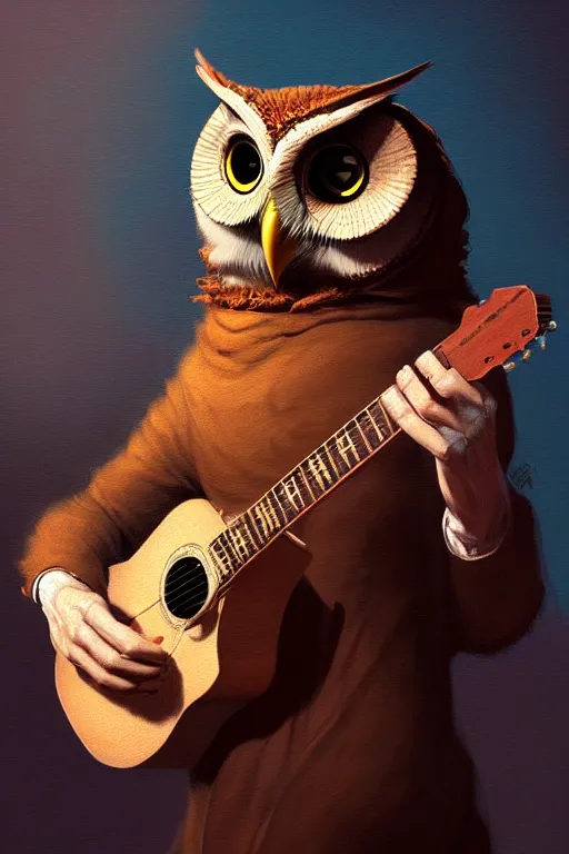 Image similar to portrait of an anthropomorphic owl playing the guitar, dramatic lighting, highly detailed, digital painting, artstation, concept art, smooth, sharp focus, illustration, art by wlop, mars ravelo and greg rutkowski