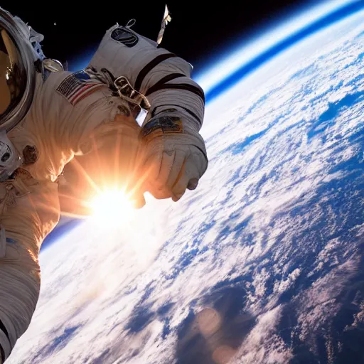 Image similar to photograph of an astronaut in space, singular light source from below, earth only visible below, darkness above, full body photo, amazing light and shadow contrast, 8 k