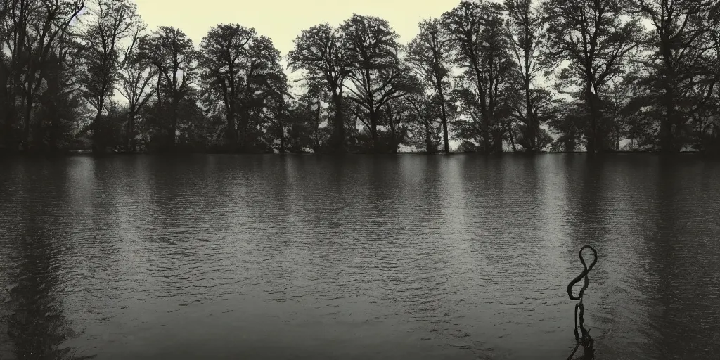 Image similar to symmetrical photograph of an infinitely long rope on the surface of the water, the rope is snaking from the foreground towards the center of the lake, a dark lake on a cloudy day, trees in the background, moody scene, anamorphic lens