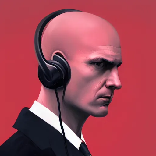 Image similar to a portrait pf agent 4 7 from hitman wearing headphones, red background, rim light, highly detailed, digital art, artstation, concept art, smooth, sharp focus, greg rutkowski, wlop