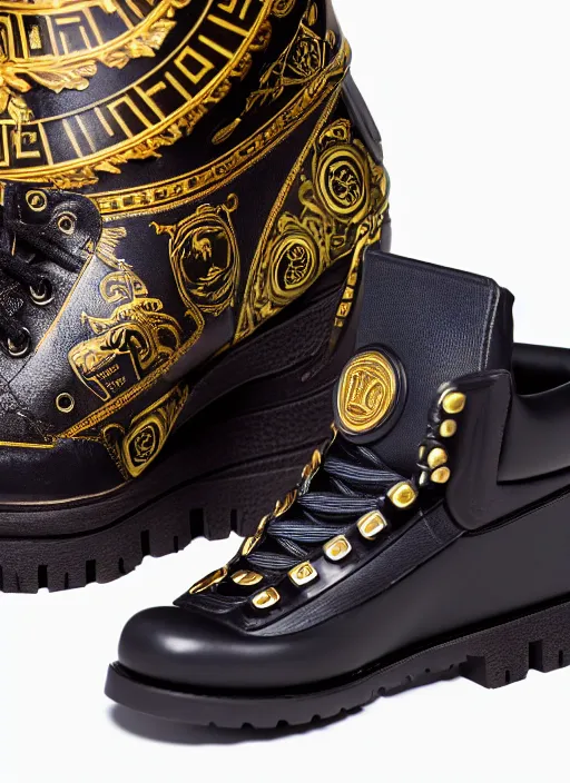 Image similar to hyperrealistic and heavy detailed product photo versace boot of judge dredd, in front of white back drop, whole shoe is in picture, leica sl 2 5 0 mm, vivid color, high quality, high textured, real life