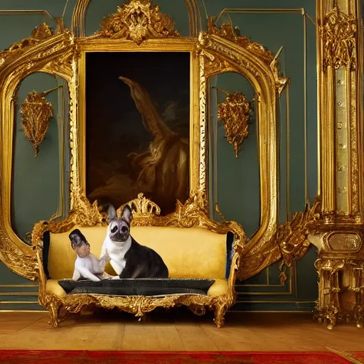 Prompt: 8k highly detailed oil matte painting by Charles Landelle of A French Bulldog King, decadent throne room, ornate furniture, ornate French architecture