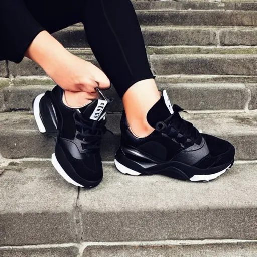 Image similar to comfy black trainers that don't cost £80, featured on Instagram, fashionable shoes, high quality photo, beautiful, highly detailed,