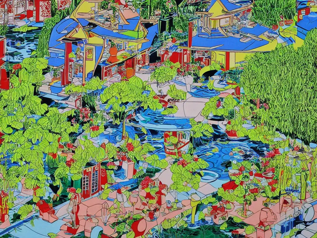 Prompt: close - up image of a house with a garden, a pond in the garden, startroopers are sitting around it, a combination of pop art and traditional japanese painting styles, the style of andy warhol, roy lichtenstein and jackie tsai, bright palette, acrylic on canvas