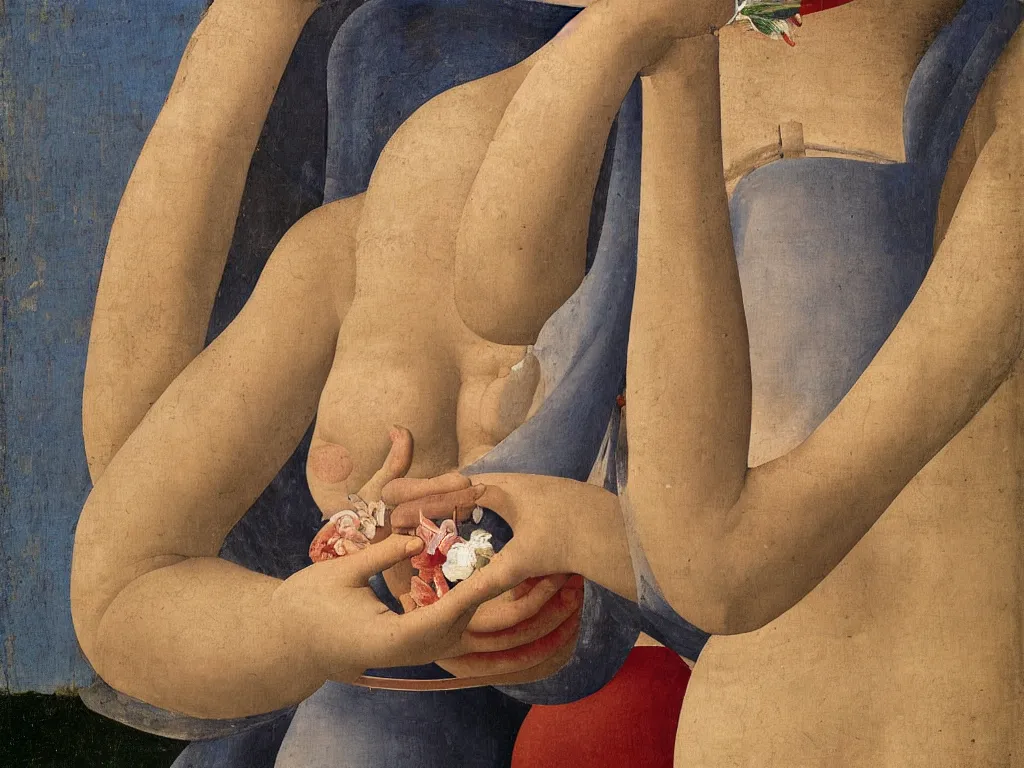 Prompt: Close up hands holding a white water jug, nipple, dress, lily flower, conch shell, moth. Painting by Piero della Francesca, Morandi, Zurbaran