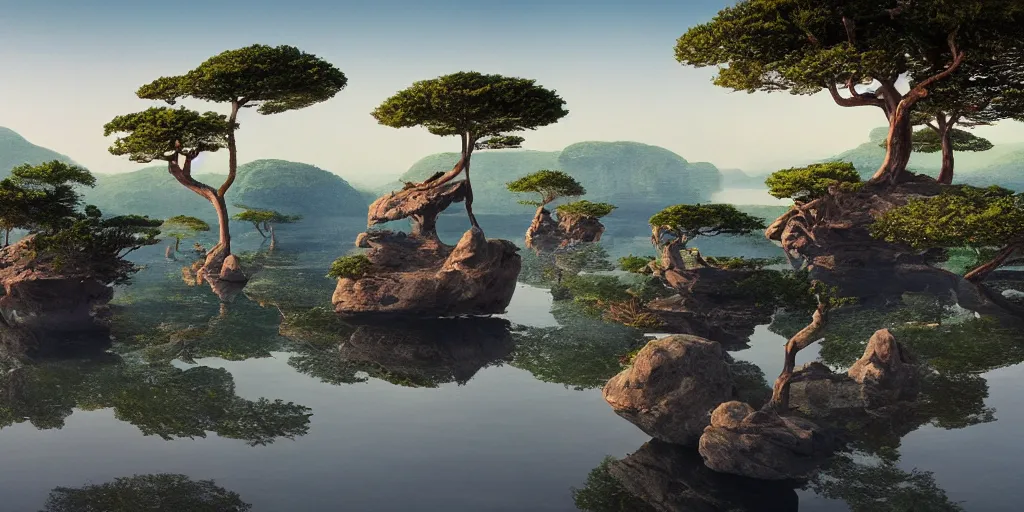 Image similar to magnificent trees grow on levitating rocks over a quiet splendid lake, summer, morning, beautiful matte painting of a science-fiction planet, Moebius, Roger Dean, Artstation, Artstation, Artstation