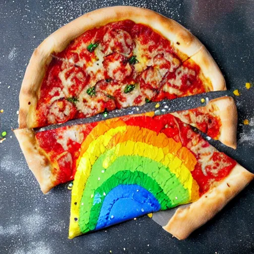 Prompt: pizza covered in rainbow glittery glitter