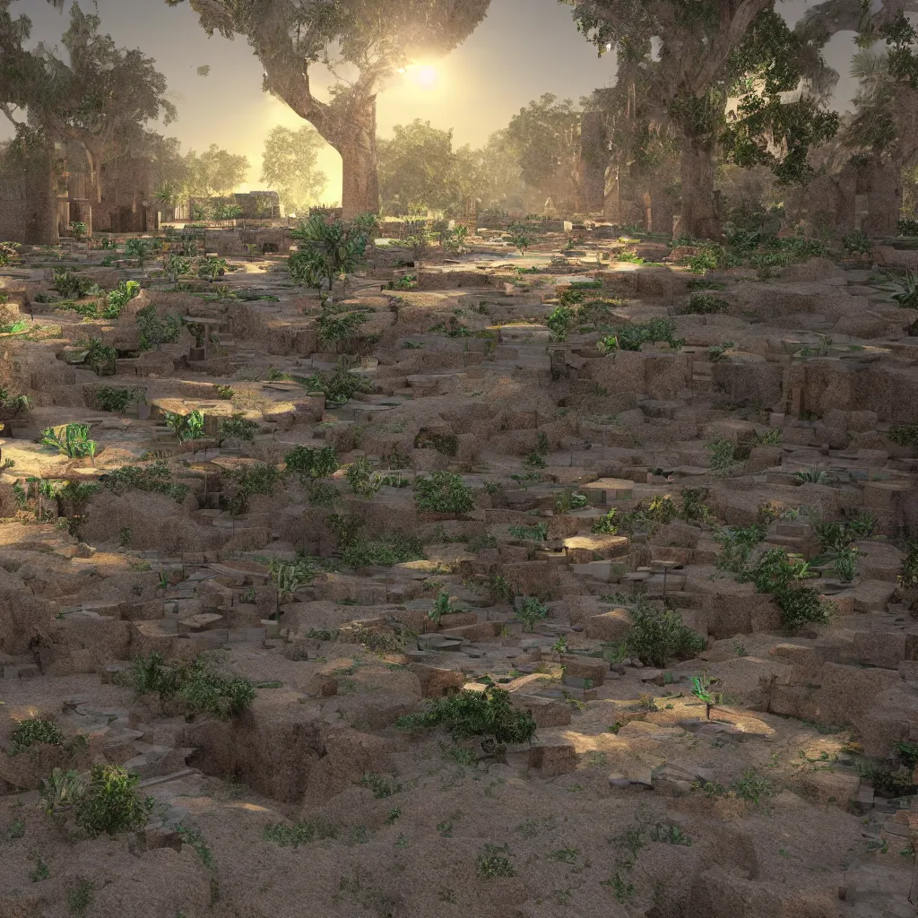 Prompt: babylonian gardens with a quantum computer in the middle of it, interacting with time crystals, backlit photorealistic render, cycles render