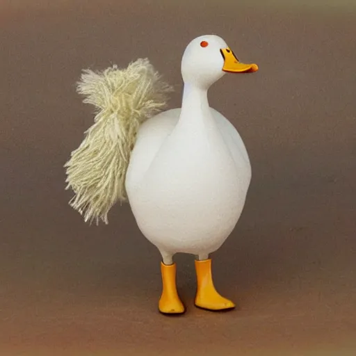 Image similar to a white duck, in a hat and chaps riding a horse, photo realistic