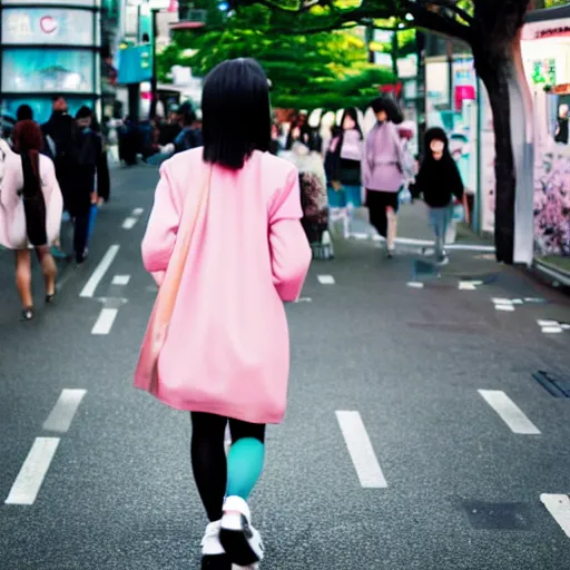 Image similar to a single person walking in Harajuku pastel colors