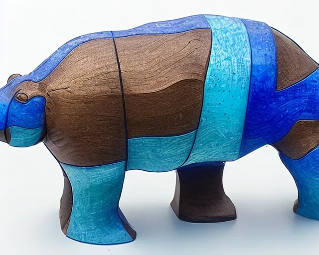 Image similar to a sculpture of hippo baby, half wood carved half blue translucid resin epoxy, cubic blocks, side view centered, mixmedia, transparent,