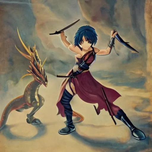 Prompt: a girl wielding a sword fights with a dragon,anime