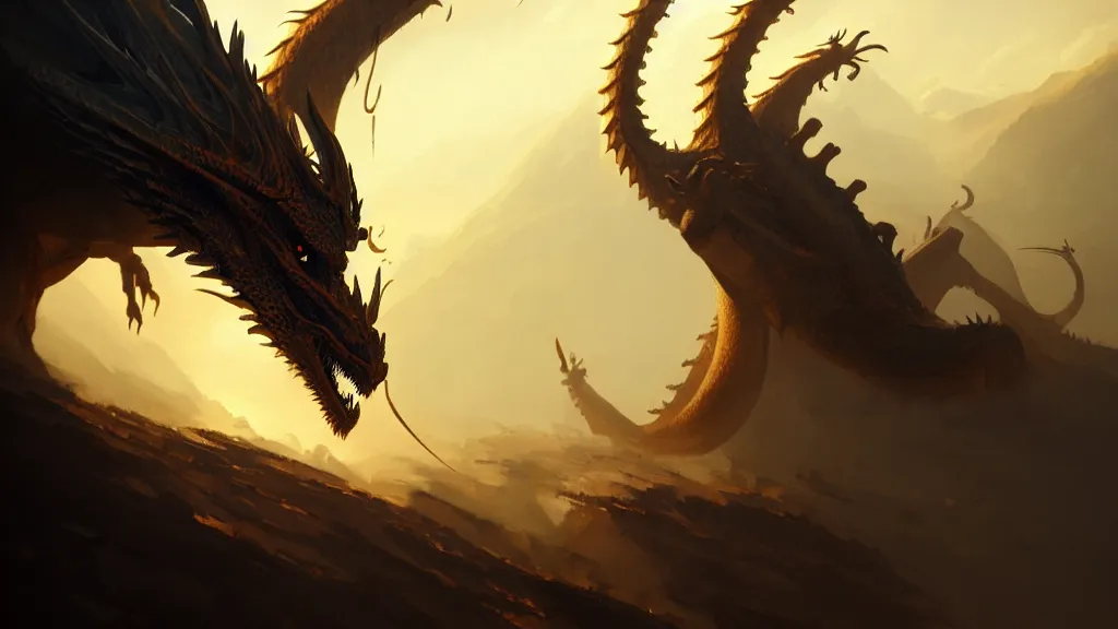 Image similar to dragon, low angle, cinematic, golden hour, by greg rutkowski, artstation, hd, mist