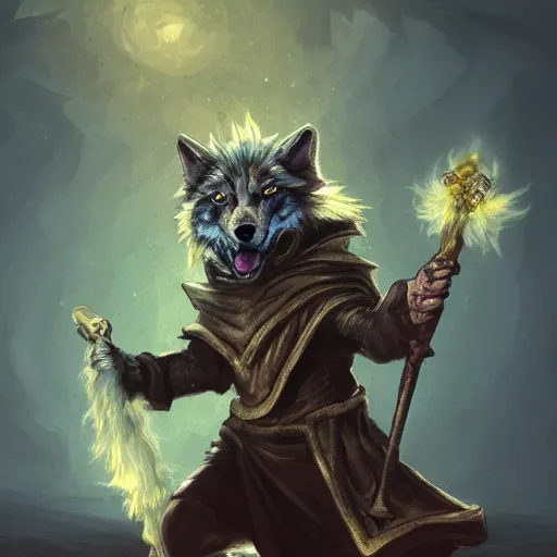 Image similar to wizard is holding a staff as a wolf, dynamic pose, chromatic aberration, medium level shot, fantasy, illustration, concept art,